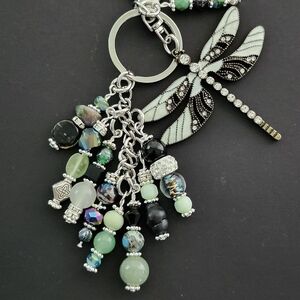 Rhinestone Dragonfly Purse Charm Aventurine Jasper Stone Glass Handcrafted